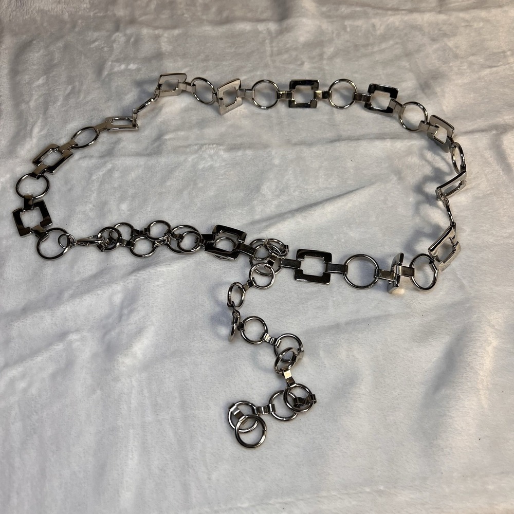 Metal Link Chain Belt Silver Approx 35 Inch Boho Claw Clip Adjustable Geometric